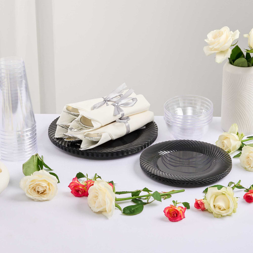 Argento Silver Plastic Cutlery Set - with White Napkin, Silver Ribbon - 7 1/4" x 2" x 1 3/4" - 100 count box