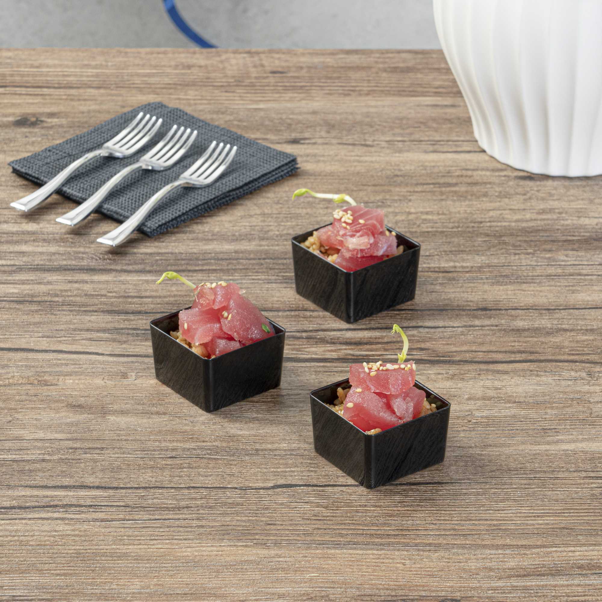 Mini Serve 2 oz Square Black Plastic Short Quadrato Cup - 1 3/4" x 1 3/4" x 1" - 100 count box