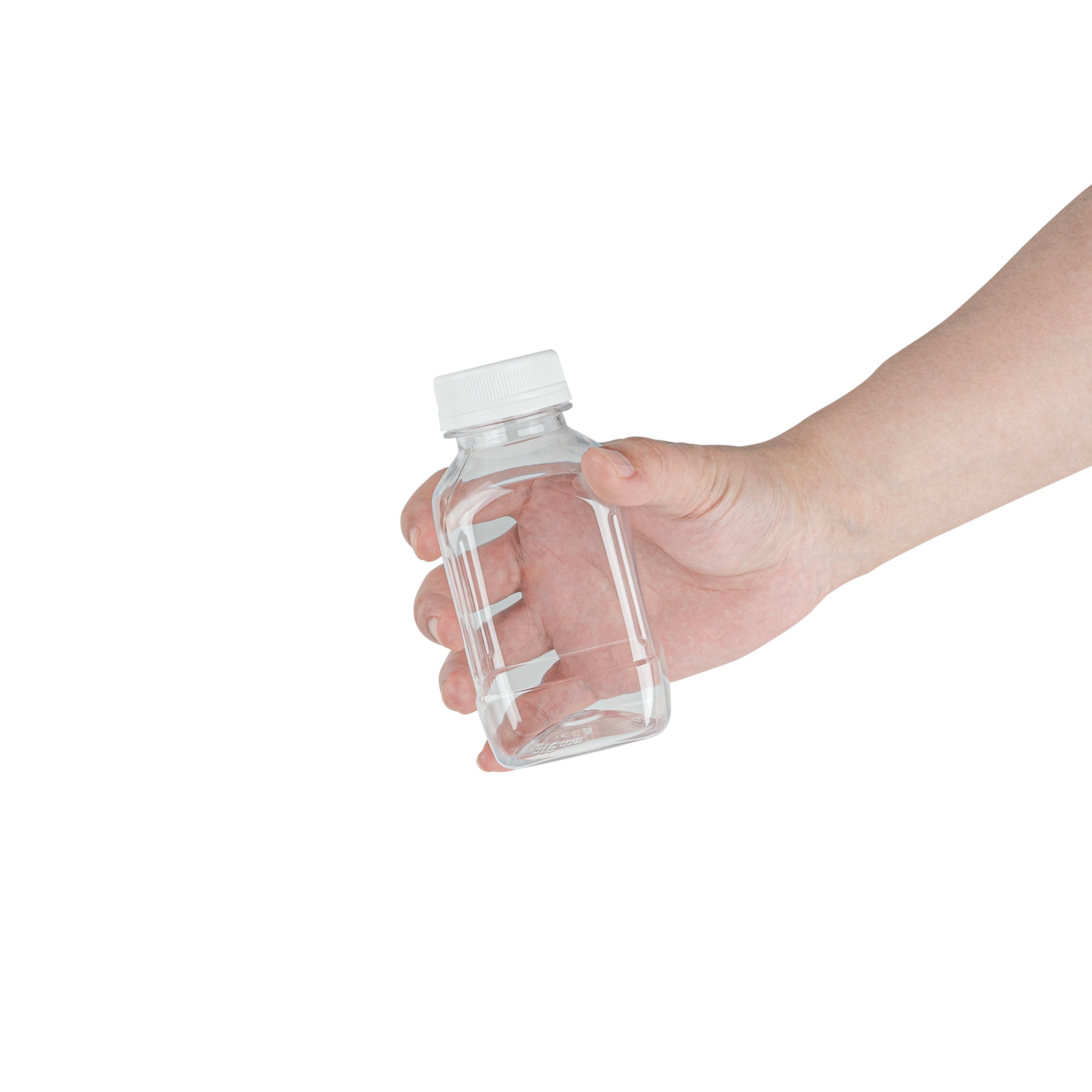 Bottle Tek 8 oz Square Clear Plastic Cold Pressed Juice Bottle - with Safety Cap - 2 1/4" x 2 1/4" x 4 3/4" - 100 count box