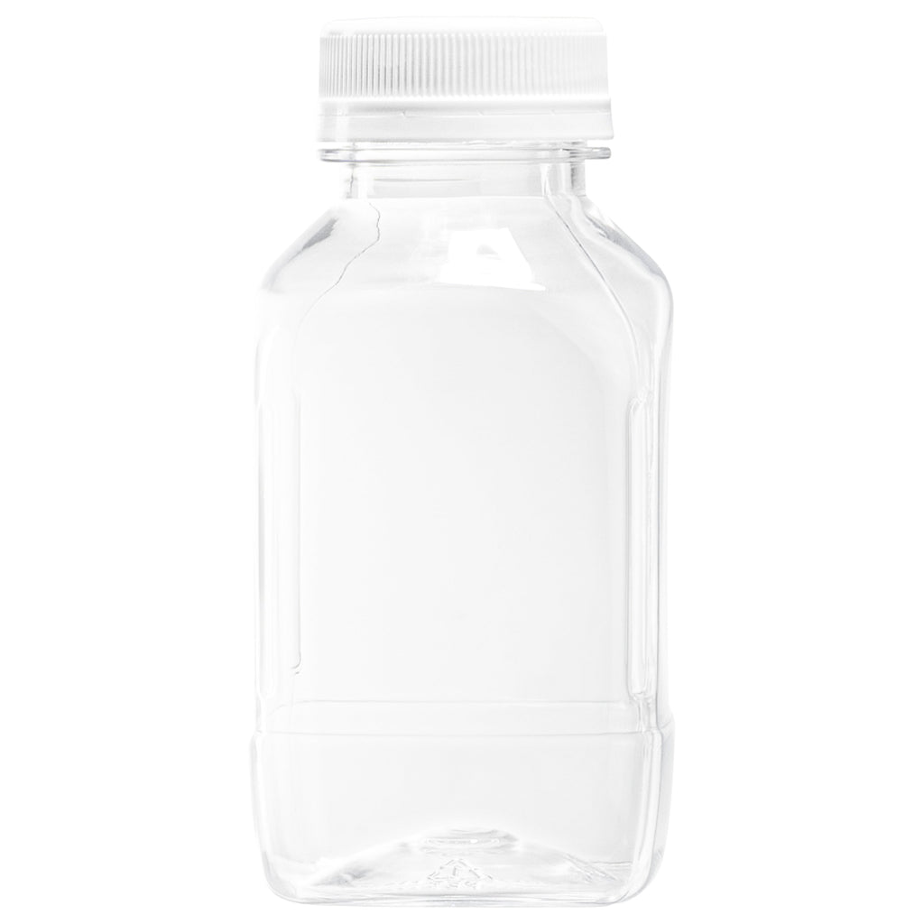 Bottle Tek 8 oz Square Clear Plastic Cold Pressed Juice Bottle - with Safety Cap - 2 1/4" x 2 1/4" x 4 3/4" - 100 count box