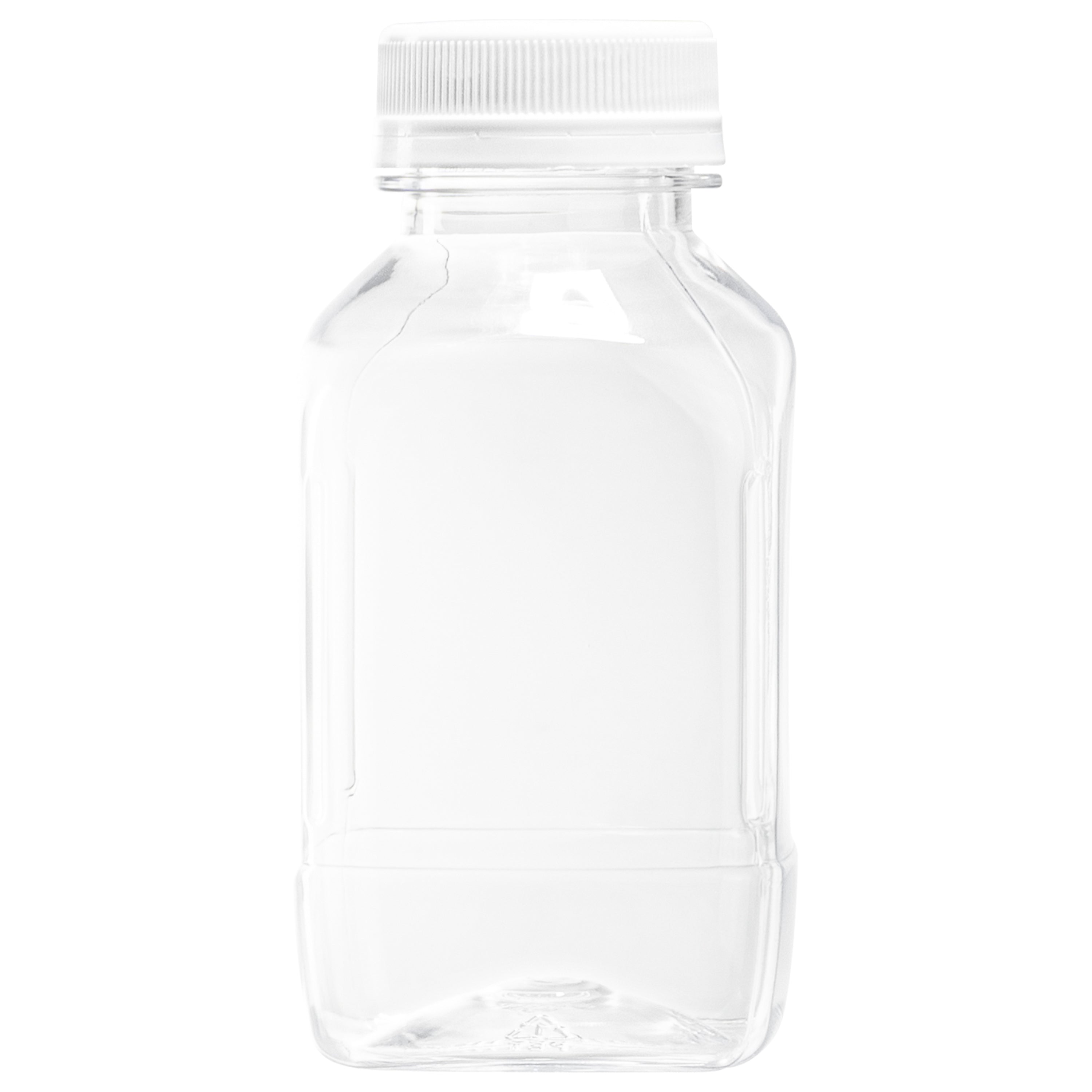 Bottle Tek 8 oz Square Clear Plastic Cold Pressed Juice Bottle - with Safety Cap - 2 1/4" x 2 1/4" x 4 3/4" - 100 count box