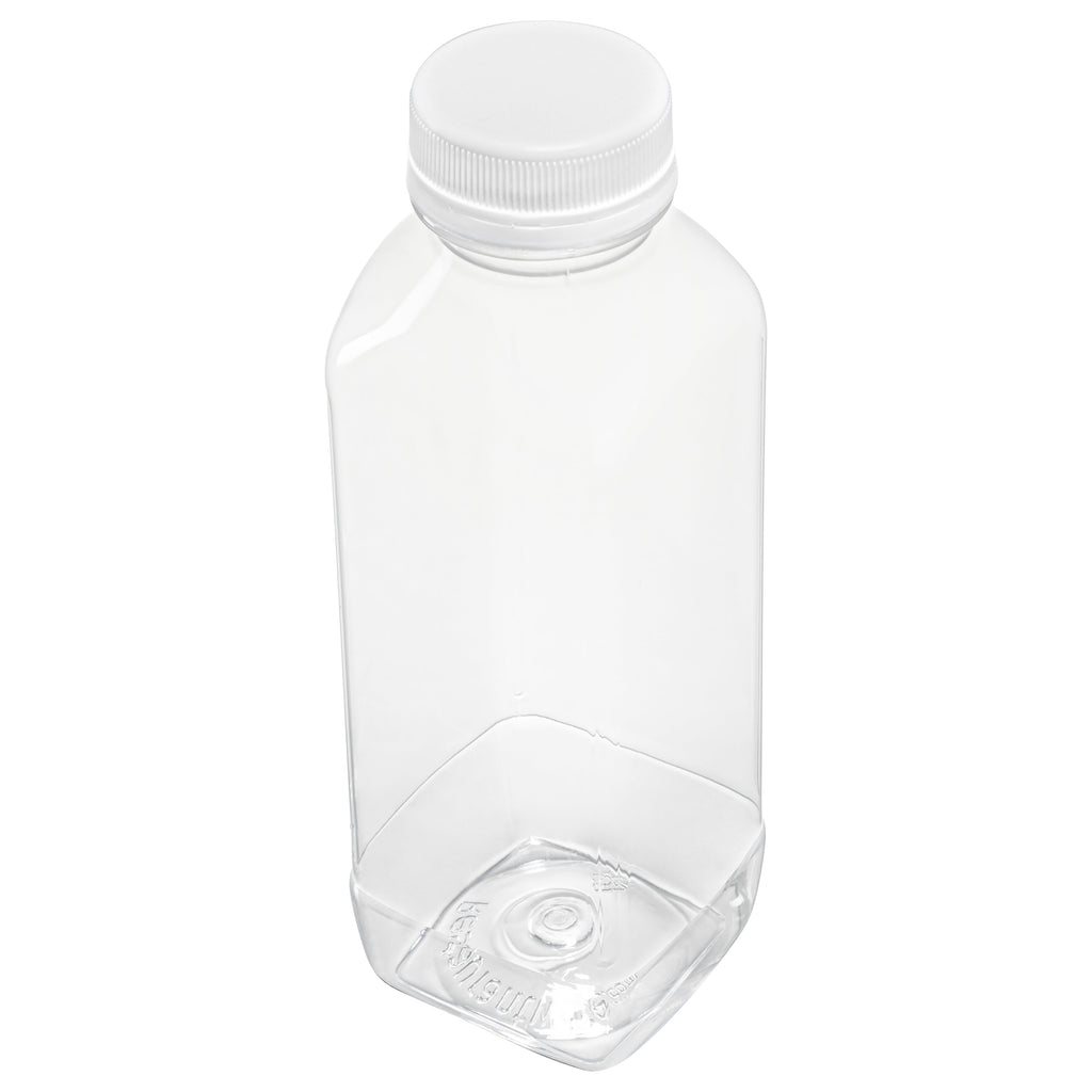 Bottle Tek 16 oz Square Clear Plastic Cold Pressed Juice Bottle - with Safety Cap - 2 1/4" x 2 1/4" x 7" - 100 count box