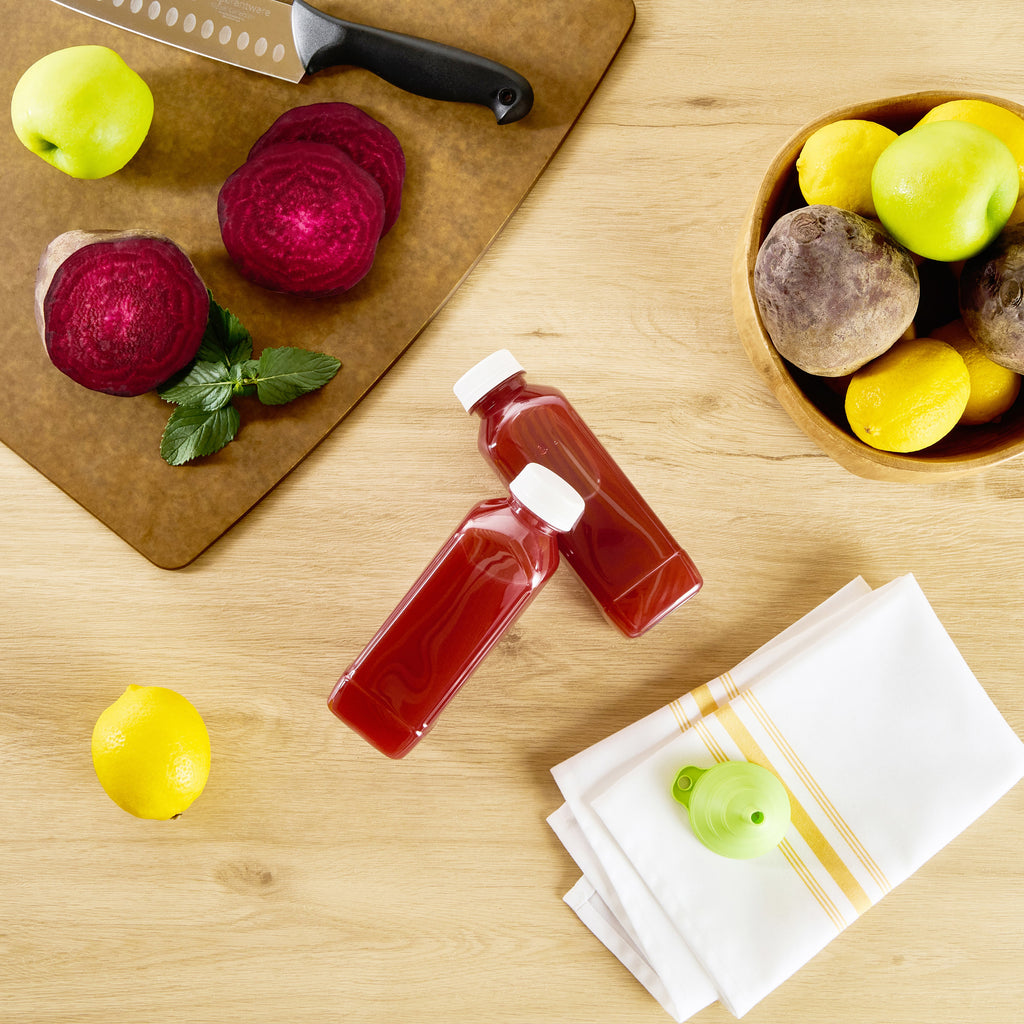 Bottle Tek 16 oz Square Clear Plastic Cold Pressed Juice Bottle - with Safety Cap - 2 1/4" x 2 1/4" x 7" - 100 count box