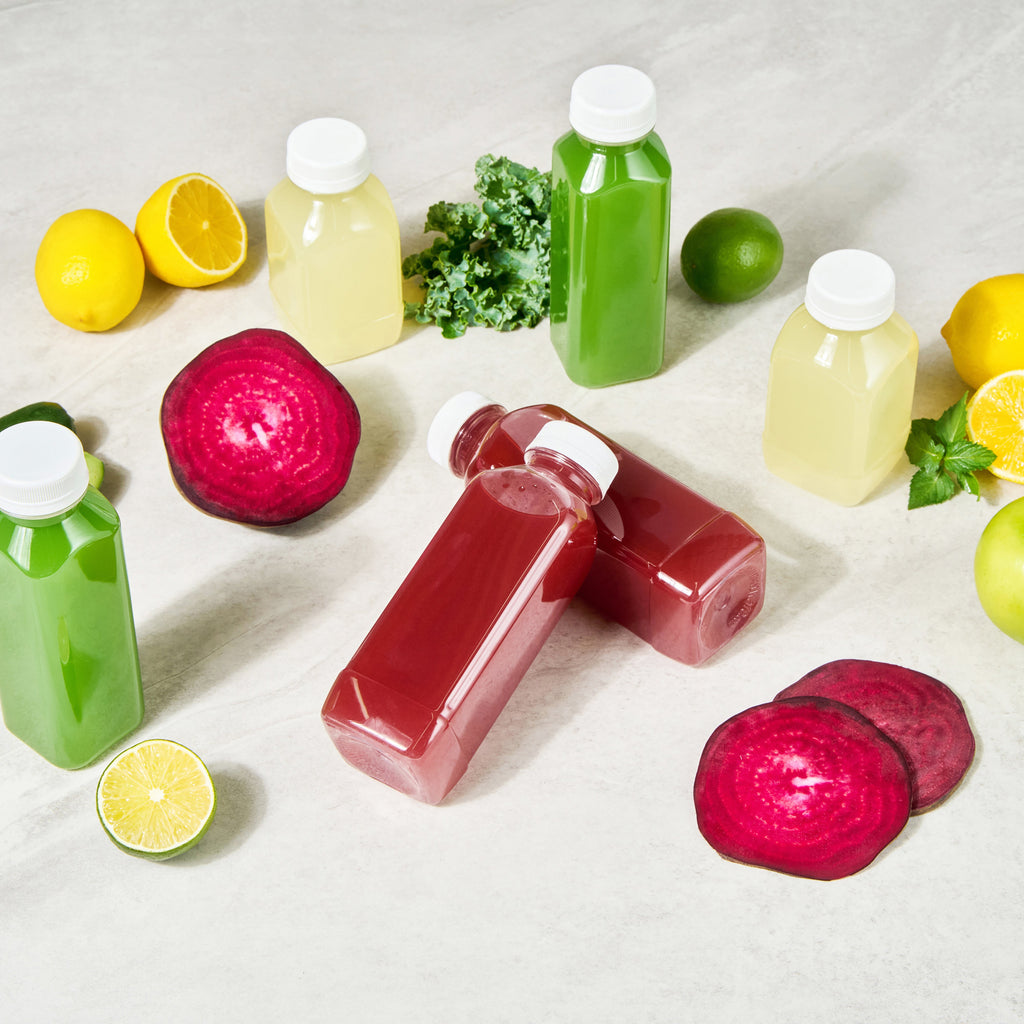 Bottle Tek 16 oz Square Clear Plastic Cold Pressed Juice Bottle - with Safety Cap - 2 1/4" x 2 1/4" x 7" - 100 count box