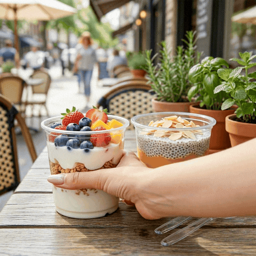 Basic Nature 24 oz Round Clear PLA Plastic To Go Deli Container - Compostable - 4 3/4" x 4 3/4" x 4 1/4" - 500 count box