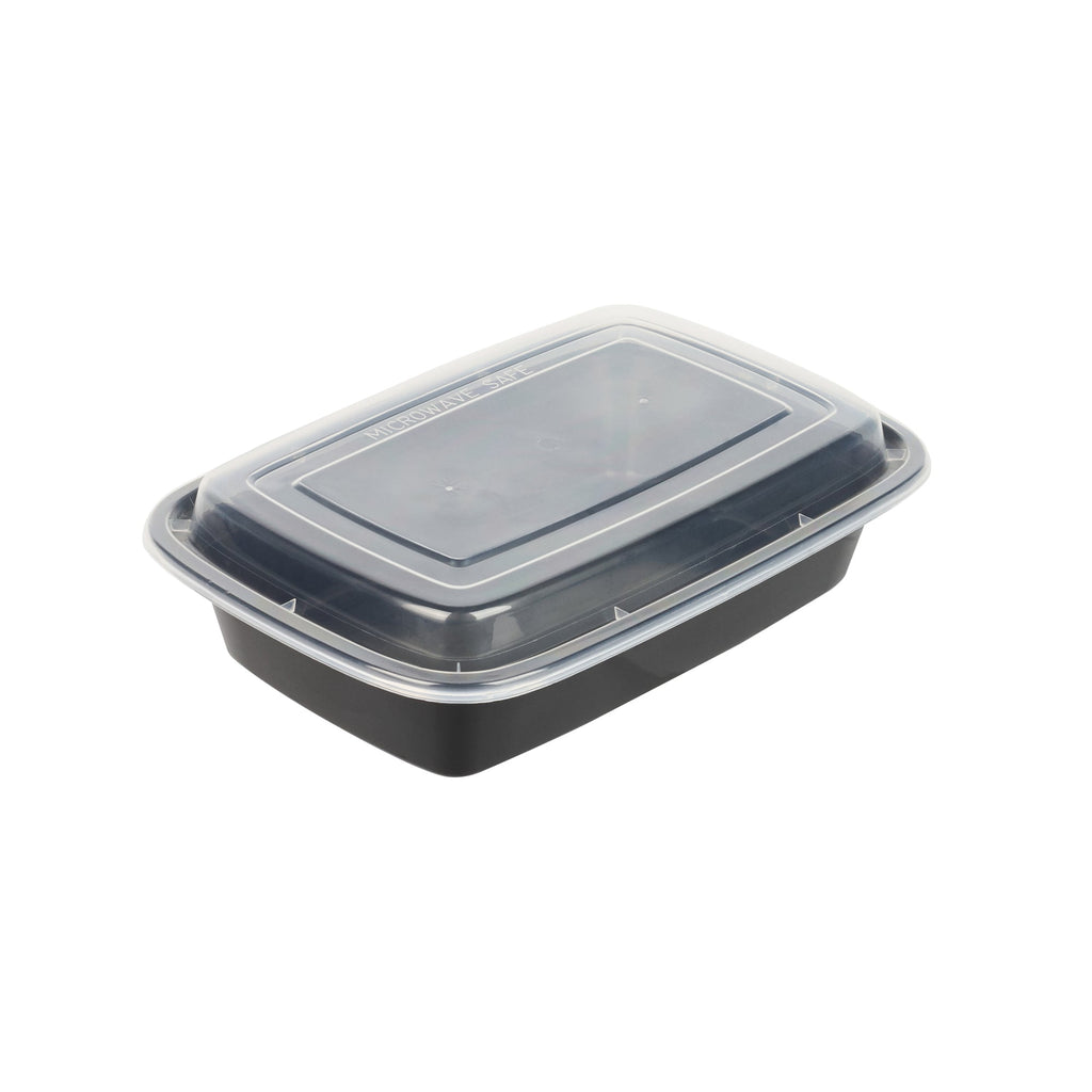 Asporto 24 oz Rectangle Black Plastic To Go Box - with Clear Lid, Microwavable - 8" x 5 1/4" x 1 3/4" - 50 count box