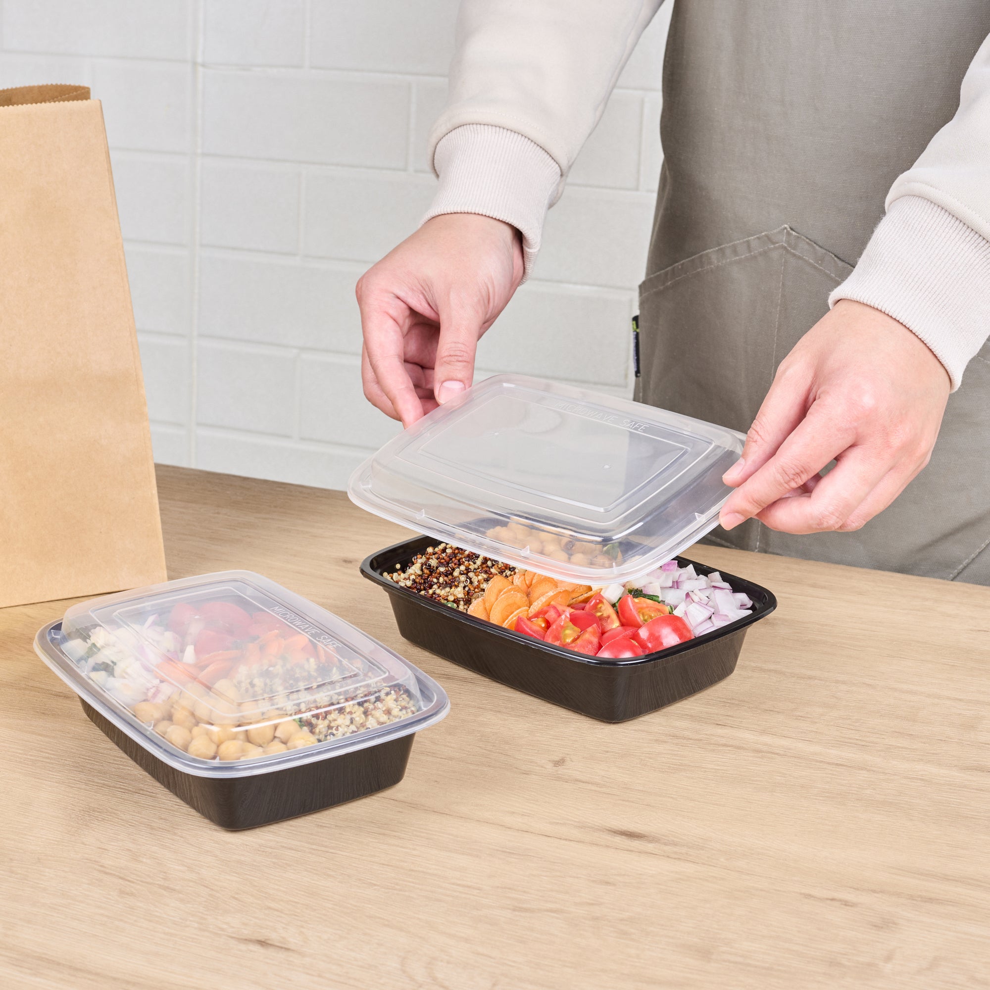 Asporto 24 oz Rectangle Black Plastic To Go Box - with Clear Lid, Microwavable - 8" x 5 1/4" x 1 3/4" - 50 count box