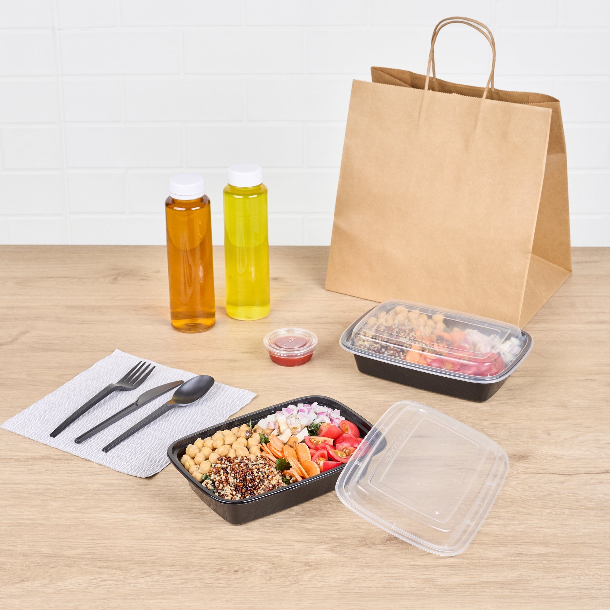 Asporto 24 oz Rectangle Black Plastic To Go Box - with Clear Lid, Microwavable - 8" x 5 1/4" x 1 3/4" - 50 count box