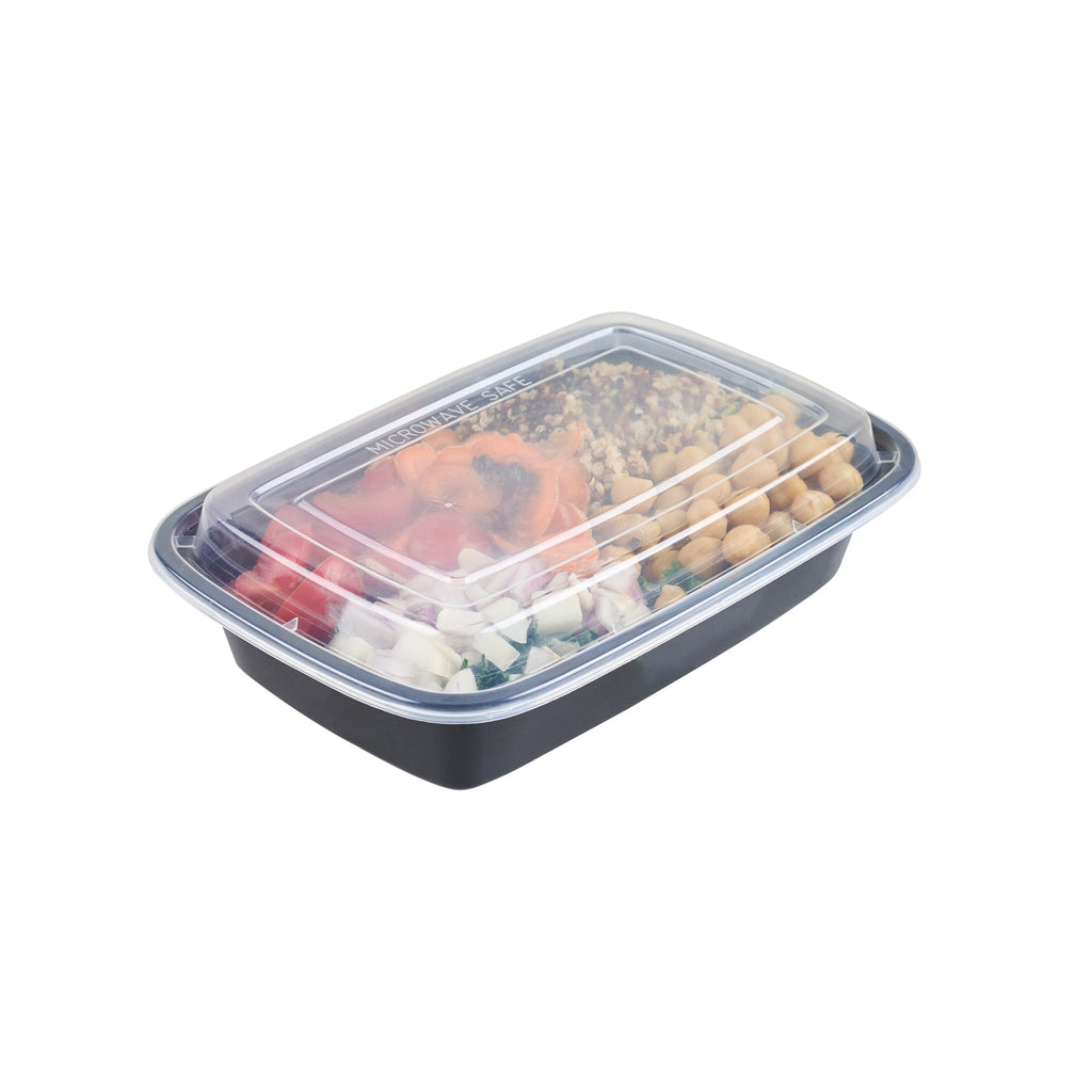 Asporto 24 oz Rectangle Black Plastic To Go Box - with Clear Lid, Microwavable - 8" x 5 1/4" x 1 3/4" - 100 count box