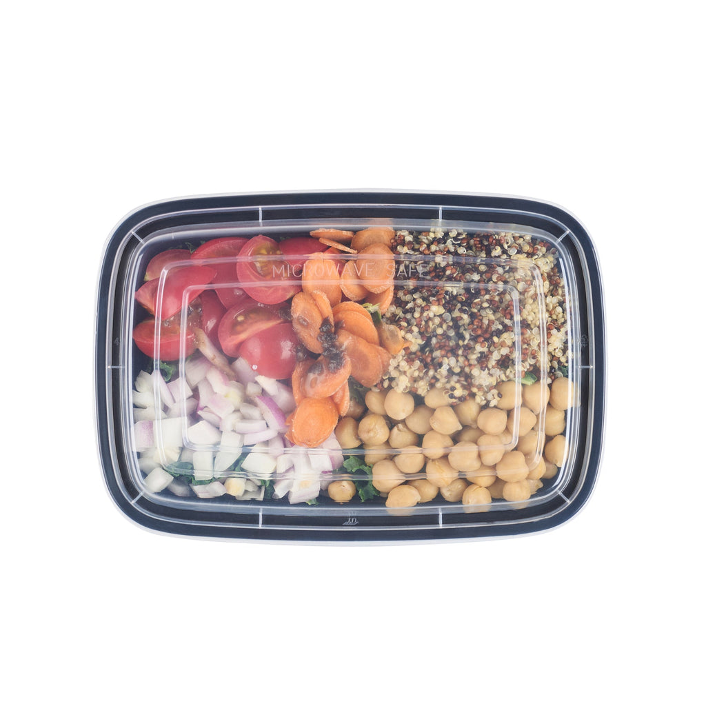 Asporto 24 oz Rectangle Black Plastic To Go Box - with Clear Lid, Microwavable - 8" x 5 1/4" x 1 3/4" - 100 count box