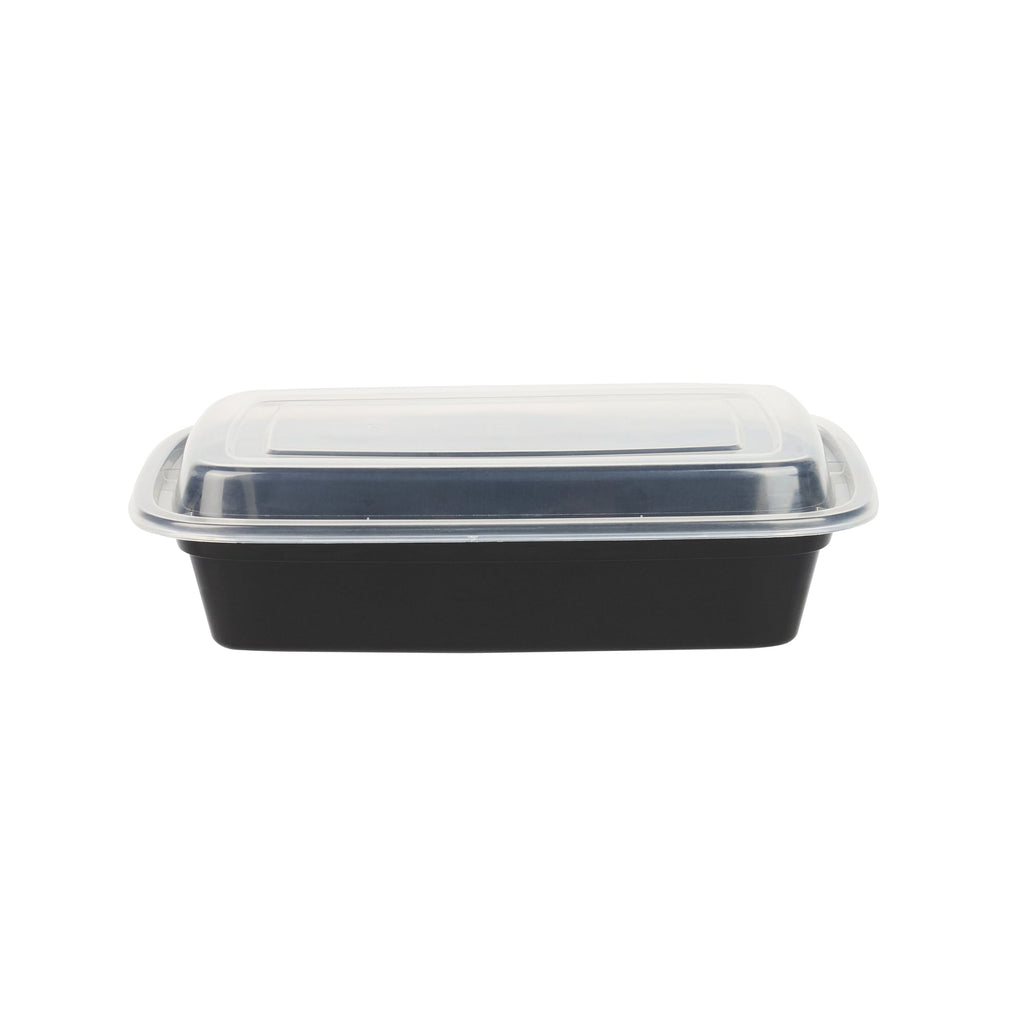Asporto 24 oz Rectangle Black Plastic To Go Box - with Clear Lid, Microwavable - 8" x 5 1/4" x 1 3/4" - 100 count box