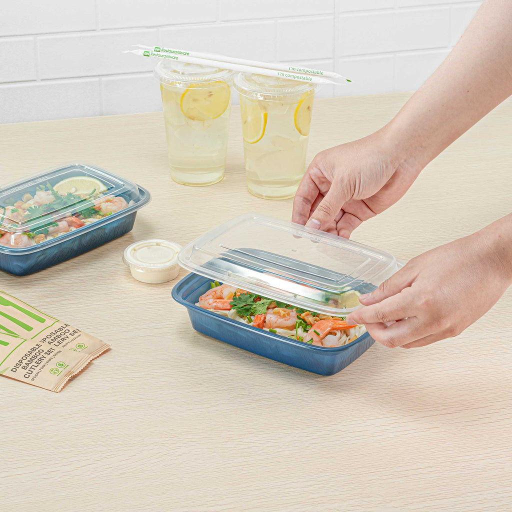 Asporto 24 oz Rectangle Midnight Blue Plastic To Go Box - with Clear Lid, Microwavable - 8" x 5 1/4" x 1 3/4" - 100 count box