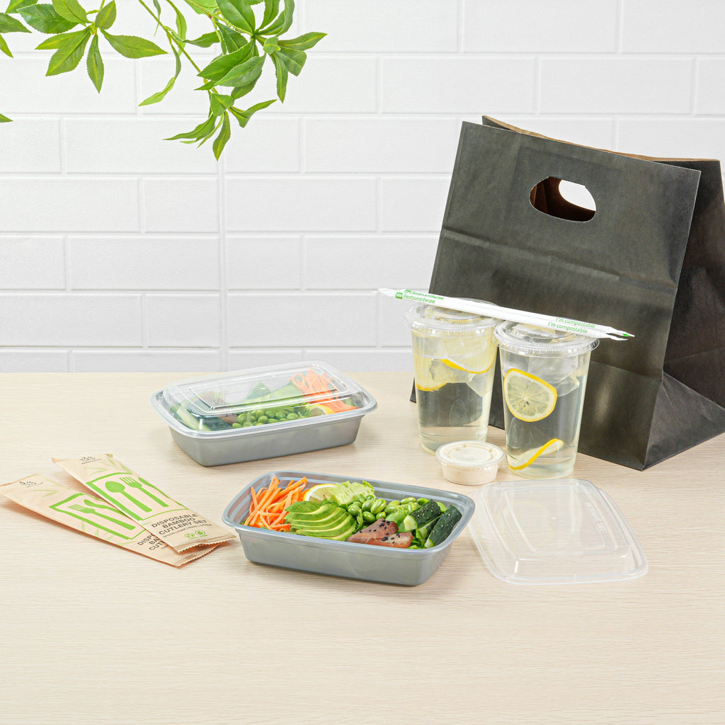 Asporto 24 oz Rectangle Silver Plastic To Go Box - with Clear Lid, Microwavable - 8" x 5 1/4" x 1 3/4" - 100 count box