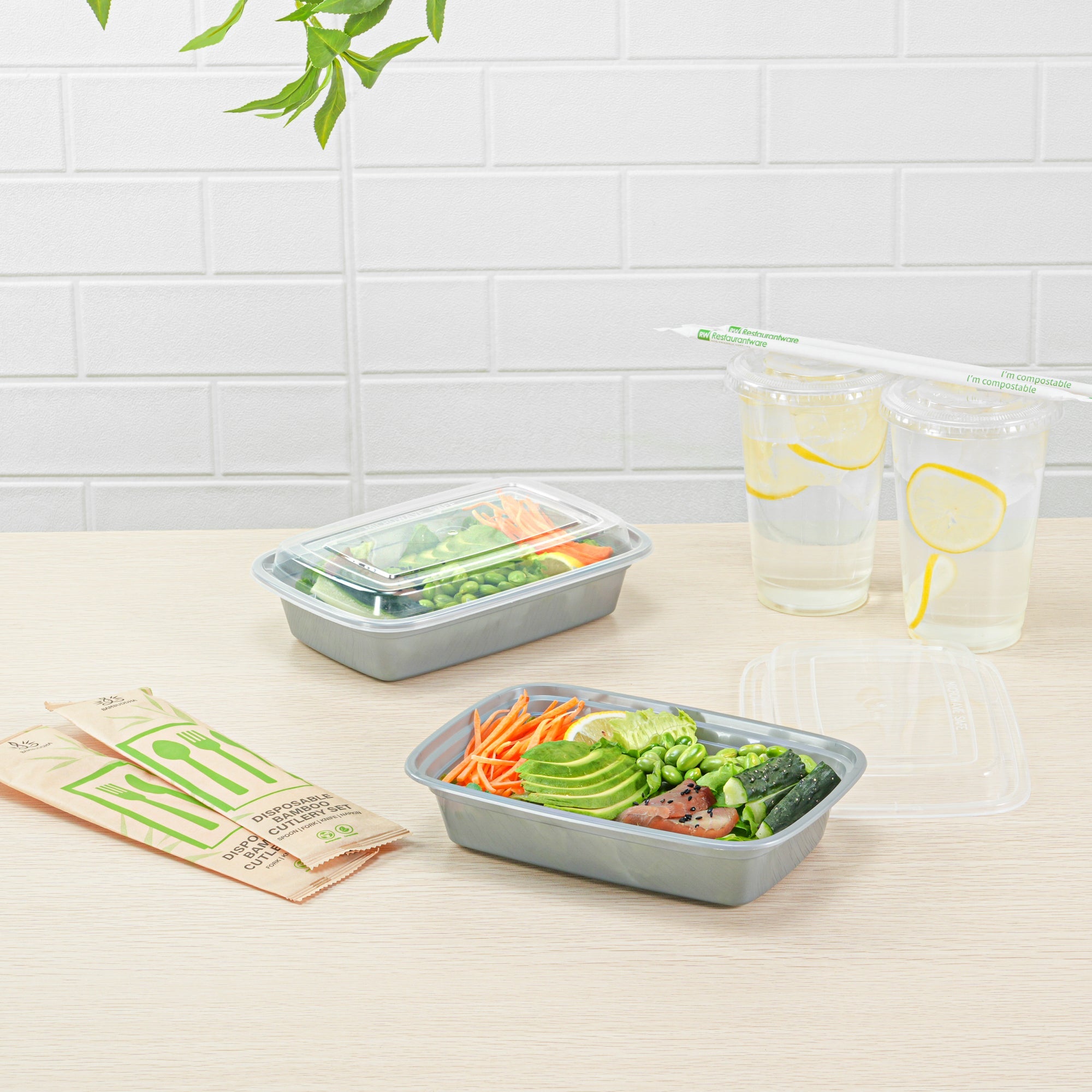 Asporto 24 oz Rectangle Silver Plastic To Go Box - with Clear Lid, Microwavable - 8" x 5 1/4" x 1 3/4" - 100 count box