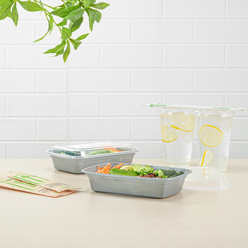 Asporto 24 oz Rectangle Silver Plastic To Go Box - with Clear Lid, Microwavable - 8" x 5 1/4" x 1 3/4" - 100 count box