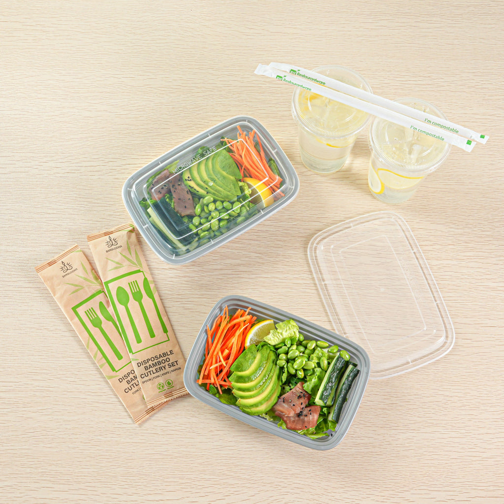 Asporto 24 oz Rectangle Silver Plastic To Go Box - with Clear Lid, Microwavable - 8" x 5 1/4" x 1 3/4" - 100 count box