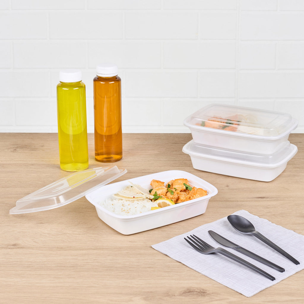 Asporto 24 oz Rectangle White Plastic To Go Box - with Clear Lid, Microwavable - 8" x 5 1/4" x 1 3/4" - 50 count box