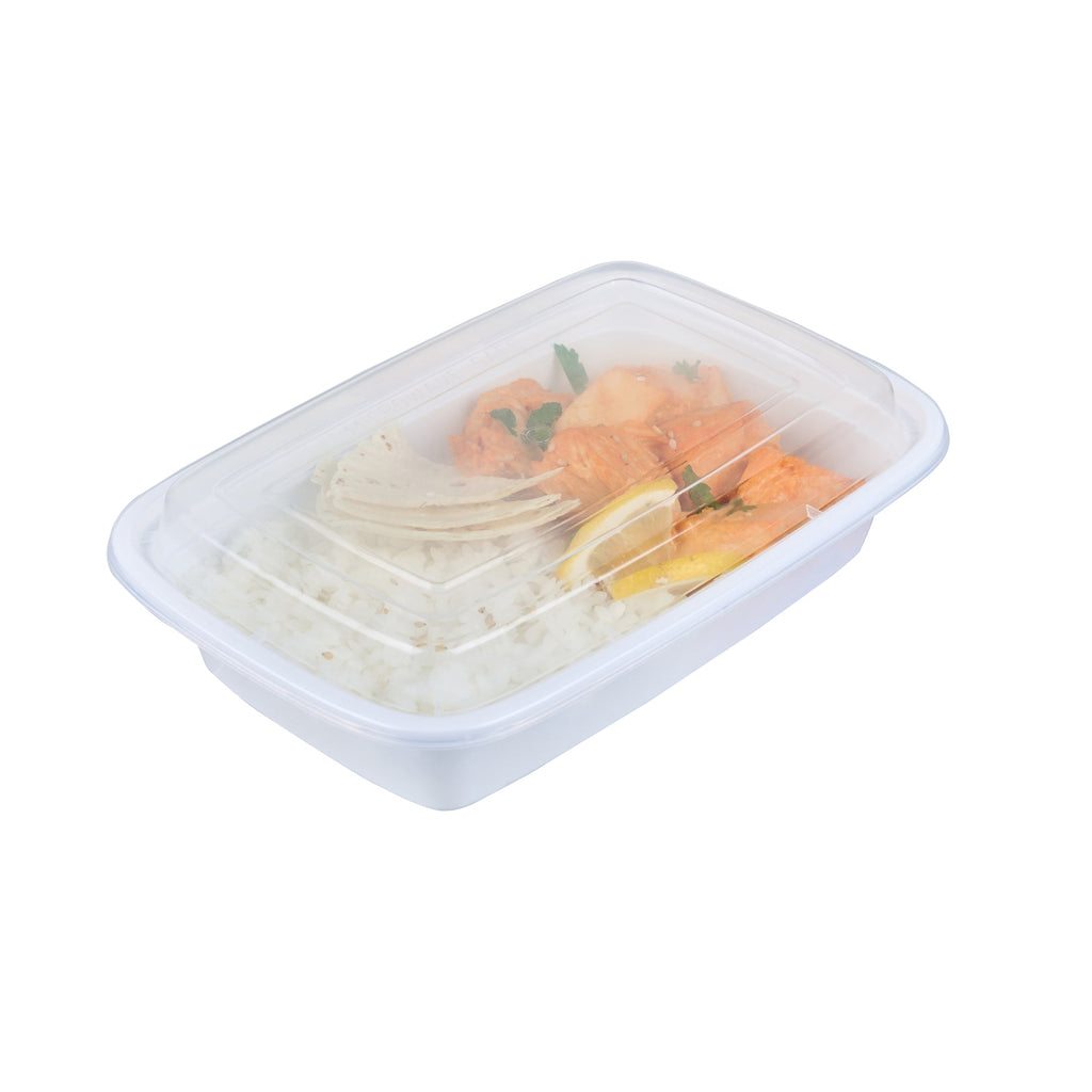 Asporto 24 oz Rectangle White Plastic To Go Box - with Clear Lid, Microwavable - 8" x 5 1/4" x 1 3/4" - 50 count box