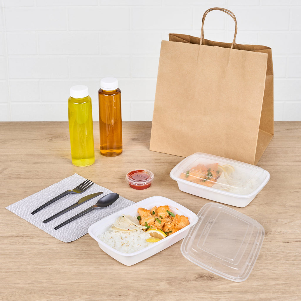 Asporto 24 oz Rectangle White Plastic To Go Box - with Clear Lid, Microwavable - 8" x 5 1/4" x 1 3/4" - 50 count box