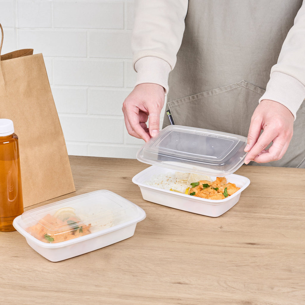 Asporto 24 oz Rectangle White Plastic To Go Box - with Clear Lid, Microwavable - 8" x 5 1/4" x 1 3/4" - 50 count box