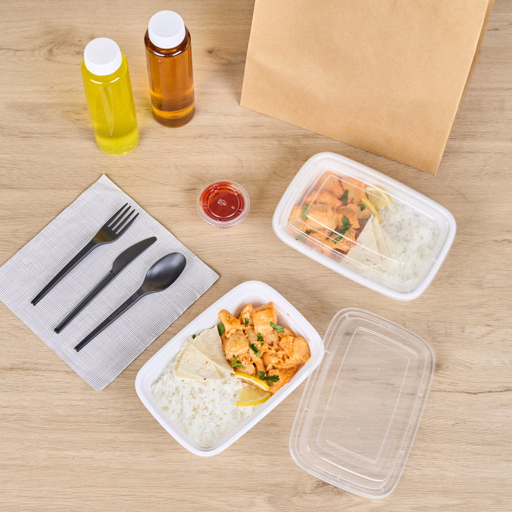 Asporto 24 oz Rectangle White Plastic To Go Box - with Clear Lid, Microwavable - 8" x 5 1/4" x 1 3/4" - 50 count box
