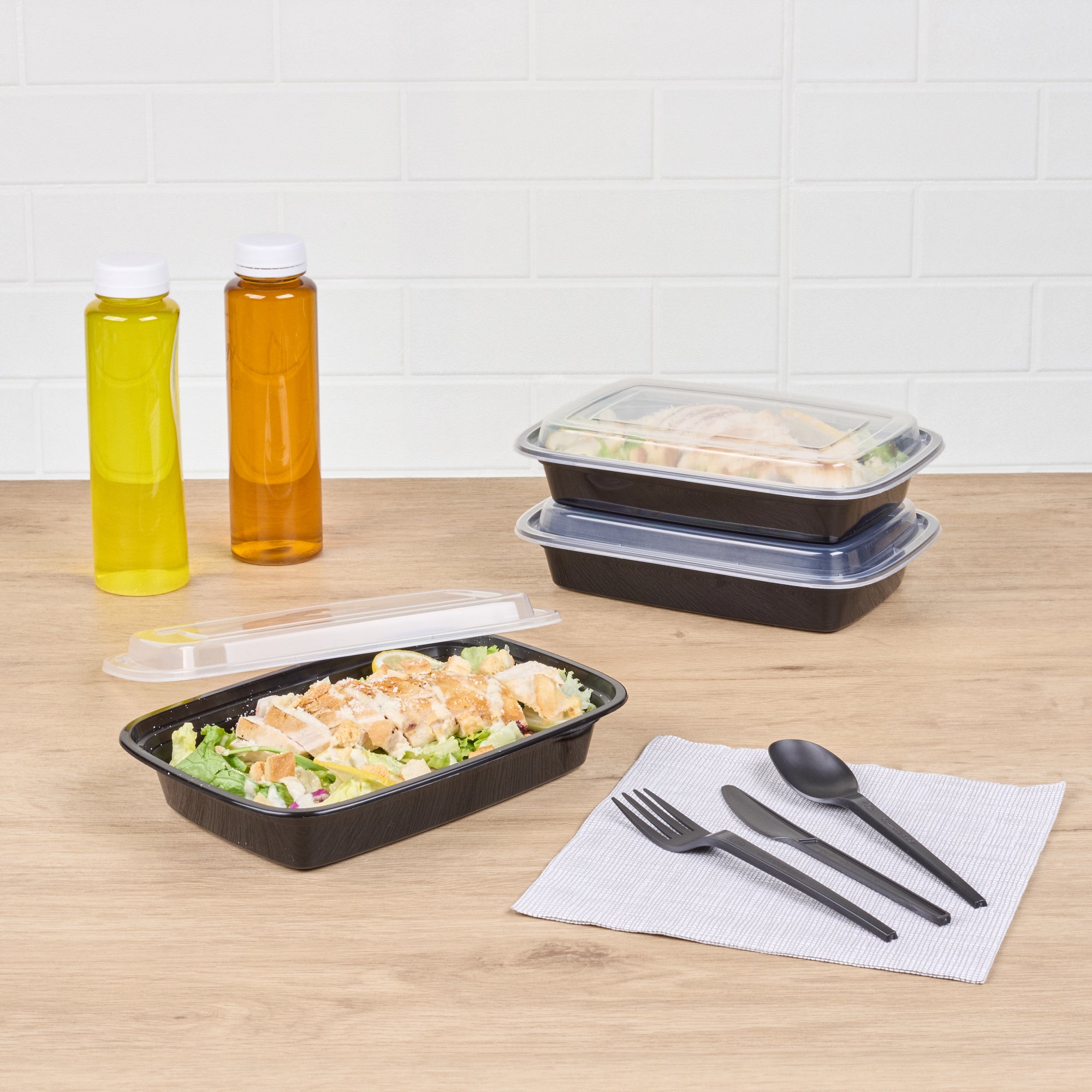 Asporto 28 oz Rectangle Black Plastic To Go Box - with Clear Lid, Microwavable - 8 3/4" x 6" x 1 1/2" - 50 count box