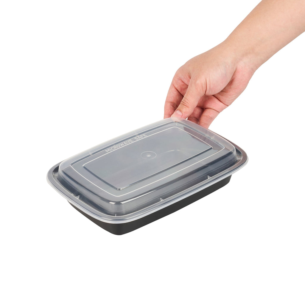 Asporto 28 oz Rectangle Black Plastic To Go Box - with Clear Lid, Microwavable - 8 3/4" x 6" x 1 1/2" - 50 count box
