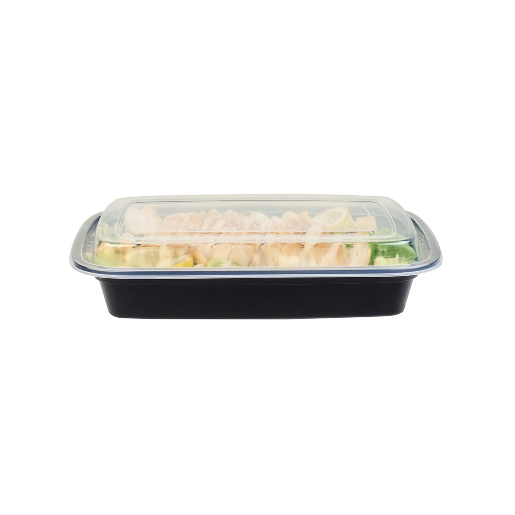 Asporto 28 oz Rectangle Black Plastic To Go Box - with Clear Lid, Microwavable - 8 3/4" x 6" x 1 1/2" - 50 count box
