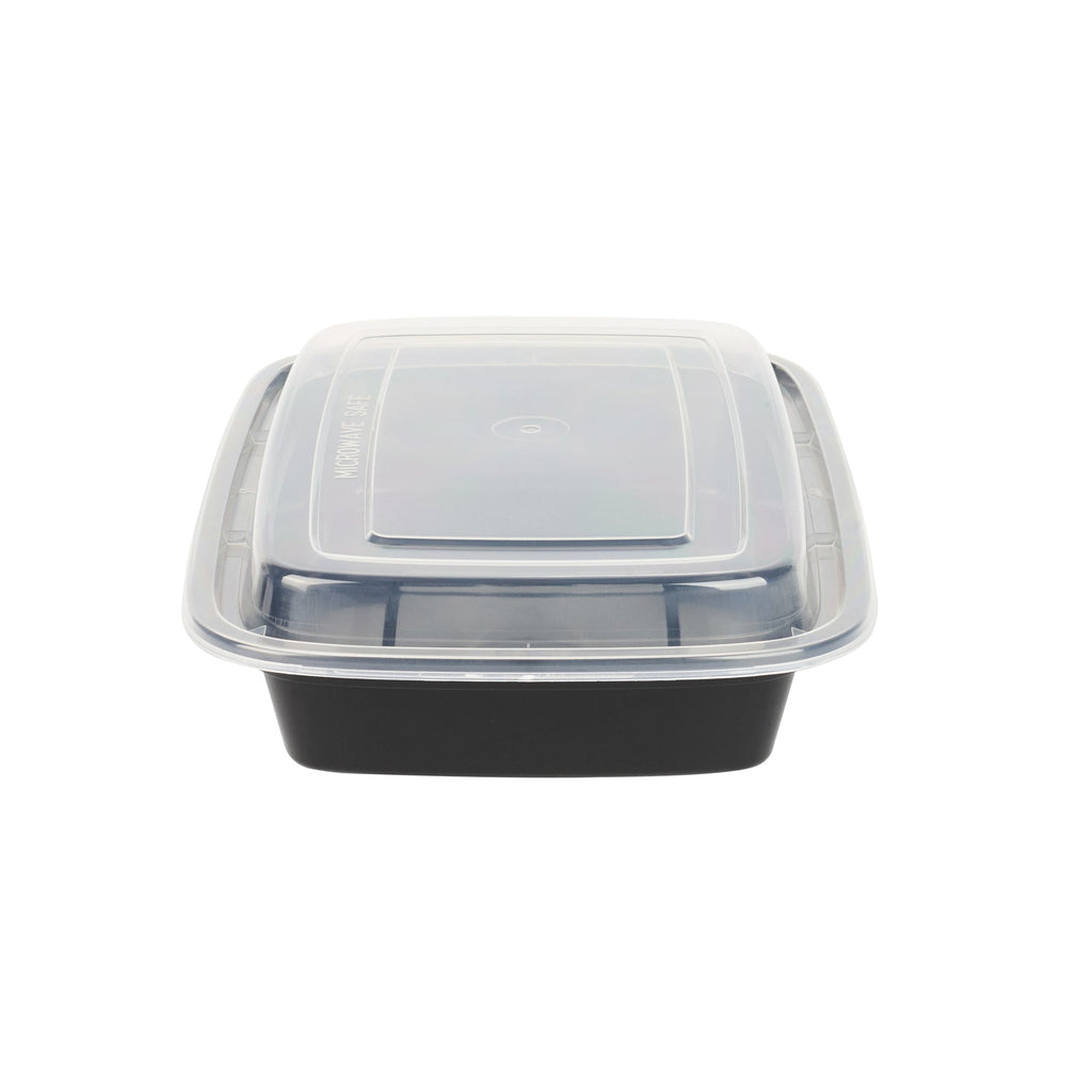 Asporto 28 oz Rectangle Black Plastic To Go Box - with Clear Lid, Microwavable - 8 3/4" x 6" x 1 1/2" - 50 count box