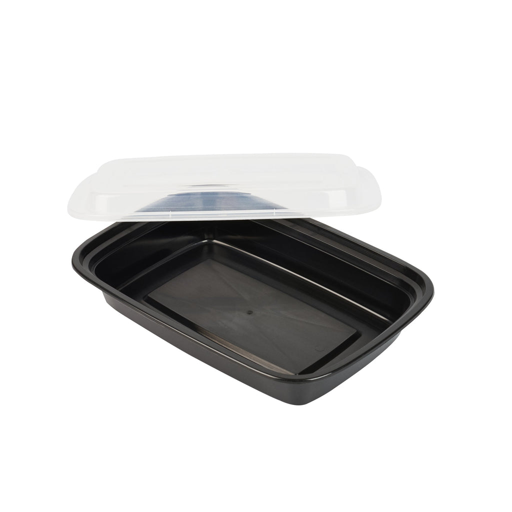 Asporto 28 oz Rectangle Black Plastic To Go Box - with Clear Lid, Microwavable - 8 3/4" x 6" x 1 1/2" - 50 count box