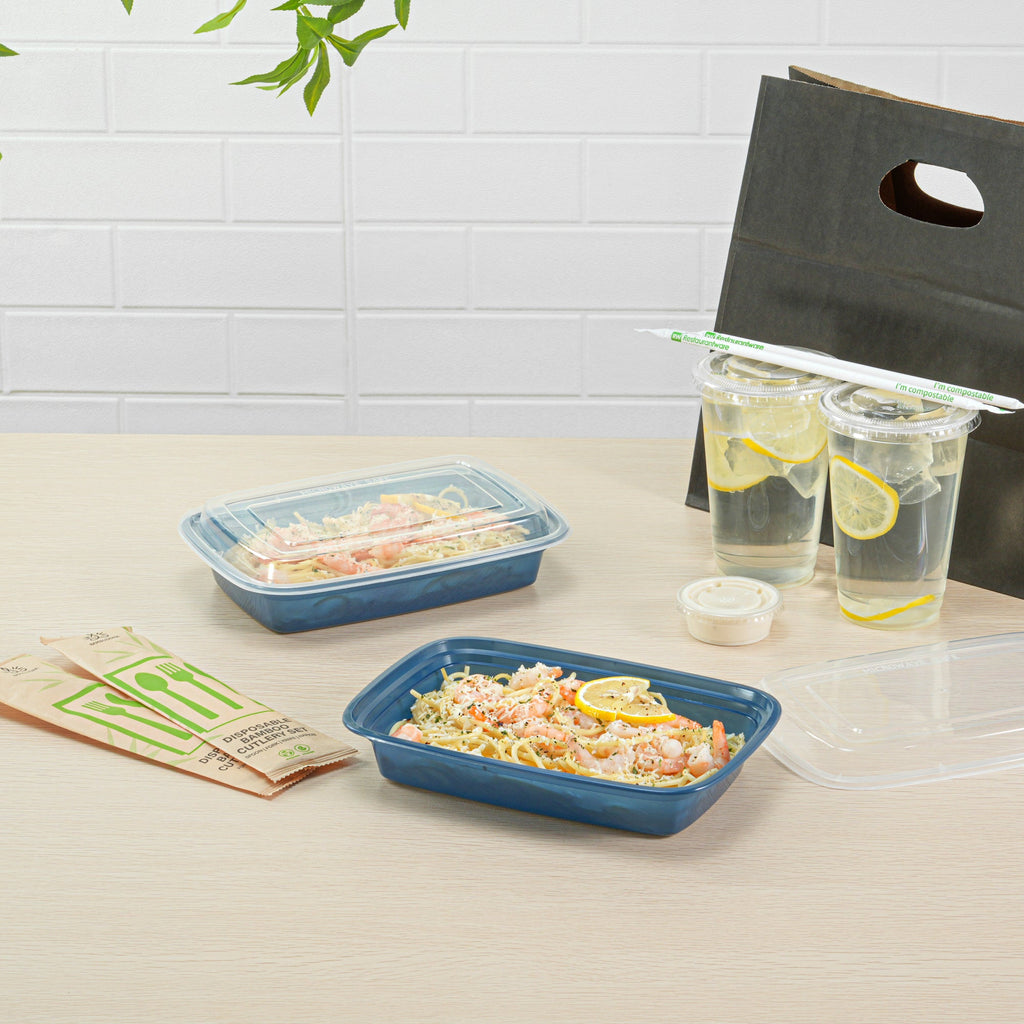 Asporto 28 oz Rectangle Midnight Blue Plastic To Go Box - with Clear Lid, Microwavable - 8 3/4" x 6" x 1 1/2" - 100 count box