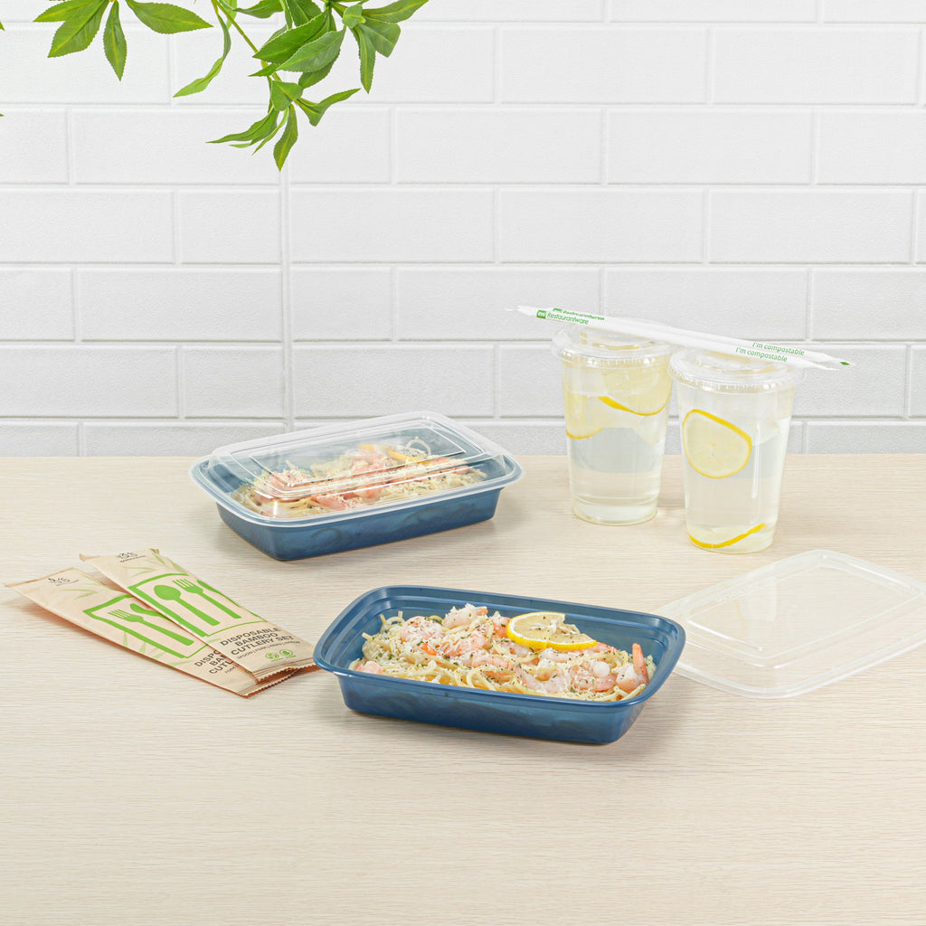 Asporto 28 oz Rectangle Midnight Blue Plastic To Go Box - with Clear Lid, Microwavable - 8 3/4" x 6" x 1 1/2" - 100 count box