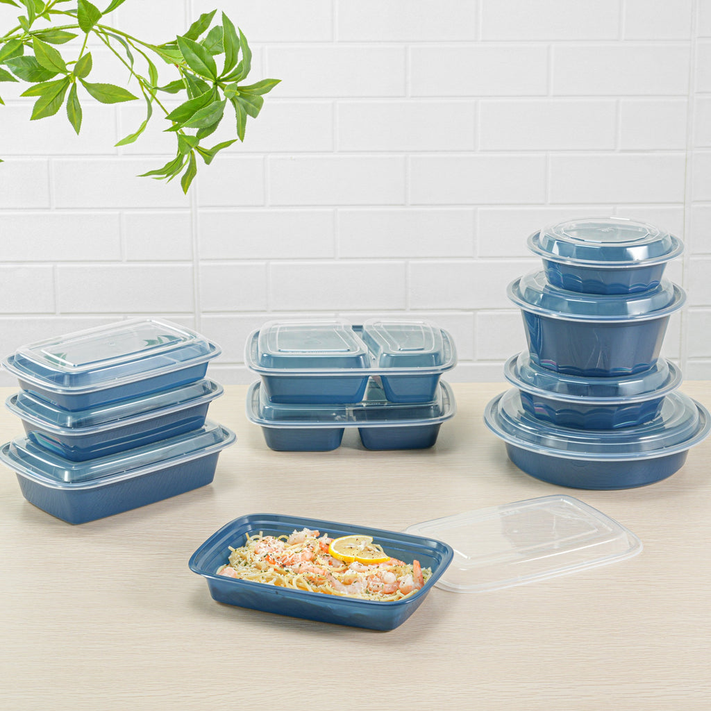 Asporto 28 oz Rectangle Midnight Blue Plastic To Go Box - with Clear Lid, Microwavable - 8 3/4" x 6" x 1 1/2" - 100 count box