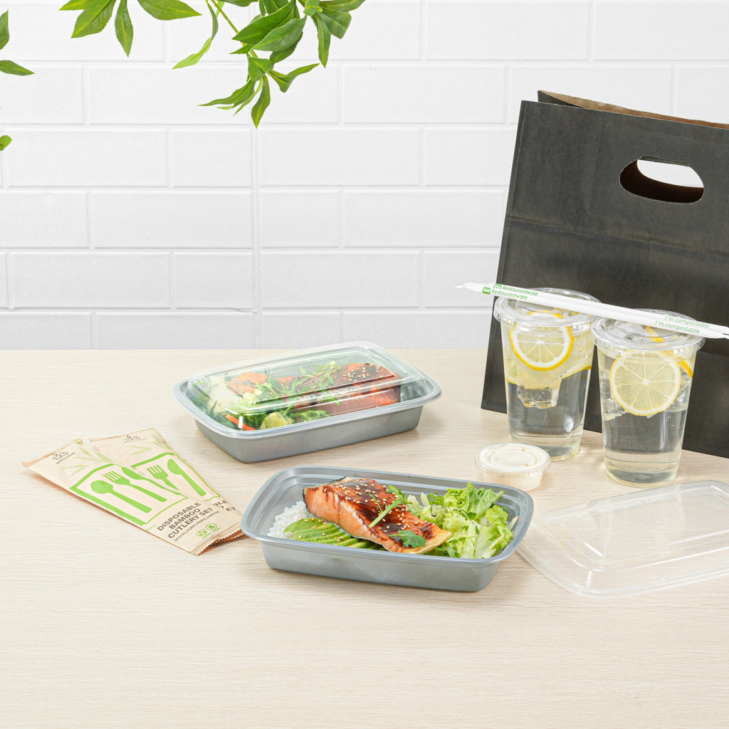 Asporto 28 oz Rectangle Silver Plastic To Go Box - with Clear Lid, Microwavable - 8 3/4" x 6" x 1 1/2" - 100 count box
