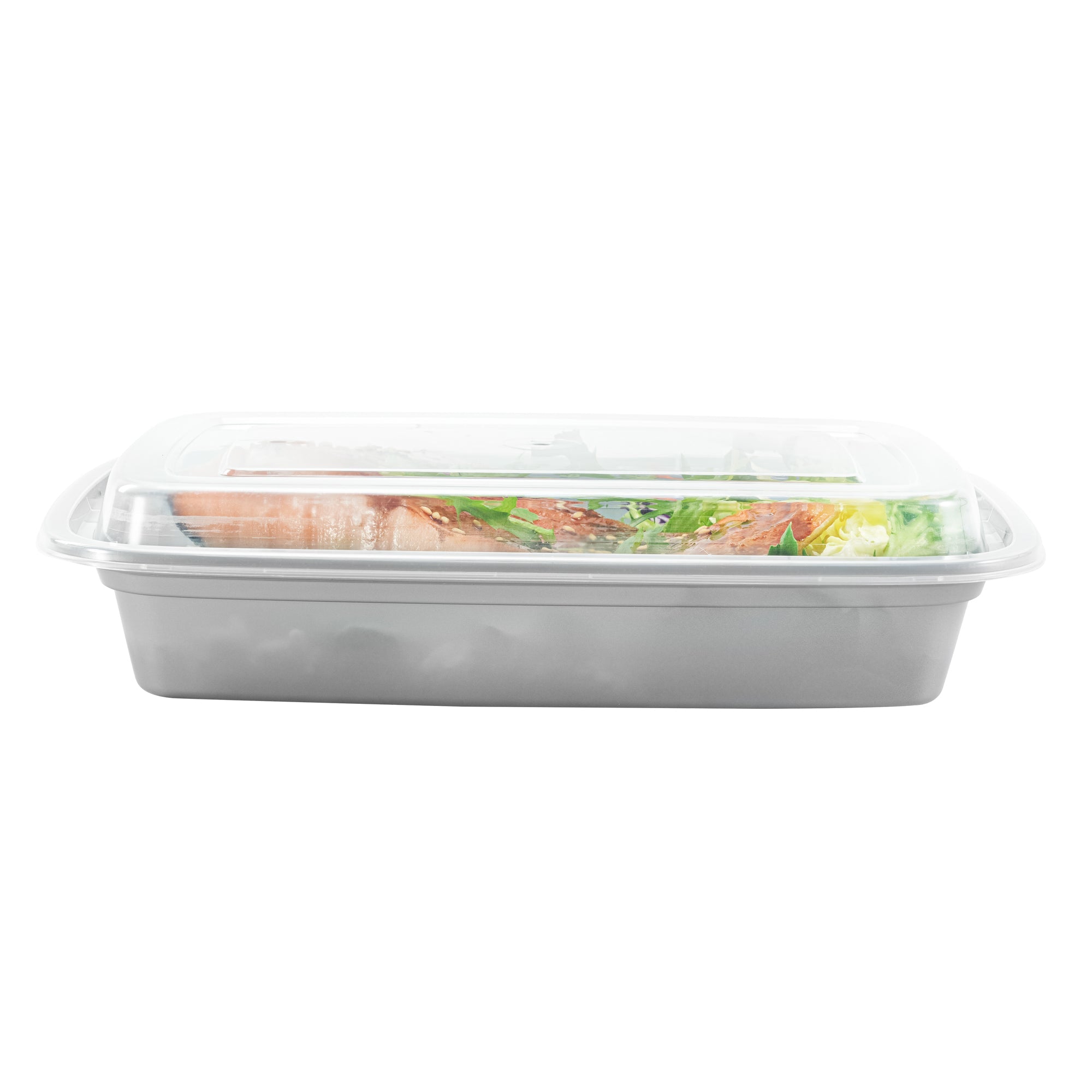 Asporto 28 oz Rectangle Silver Plastic To Go Box - with Clear Lid, Microwavable - 8 3/4" x 6" x 1 1/2" - 100 count box