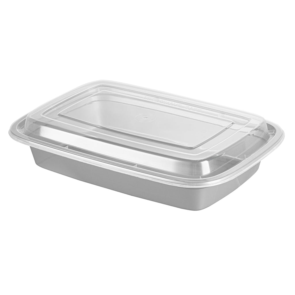 Asporto 28 oz Rectangle Silver Plastic To Go Box - with Clear Lid, Microwavable - 8 3/4" x 6" x 1 1/2" - 100 count box