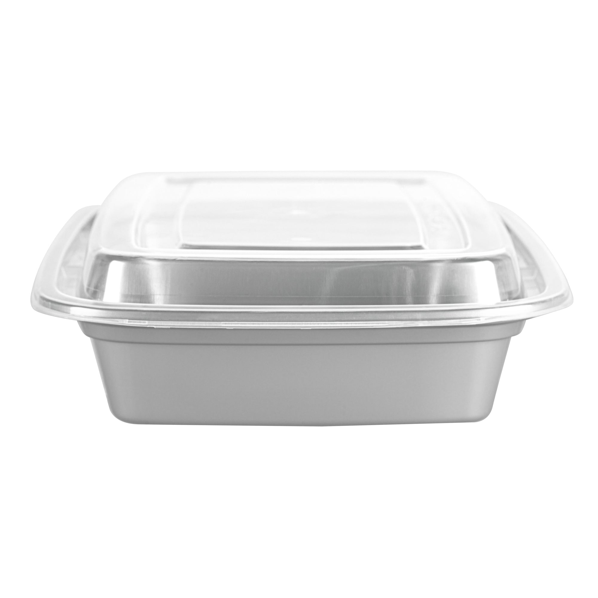 Asporto 28 oz Rectangle Silver Plastic To Go Box - with Clear Lid, Microwavable - 8 3/4" x 6" x 1 1/2" - 100 count box