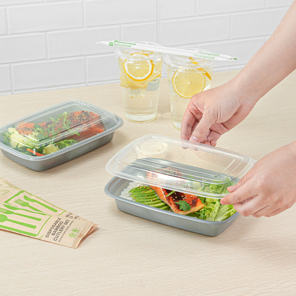 Asporto 28 oz Rectangle Silver Plastic To Go Box - with Clear Lid, Microwavable - 8 3/4" x 6" x 1 1/2" - 100 count box