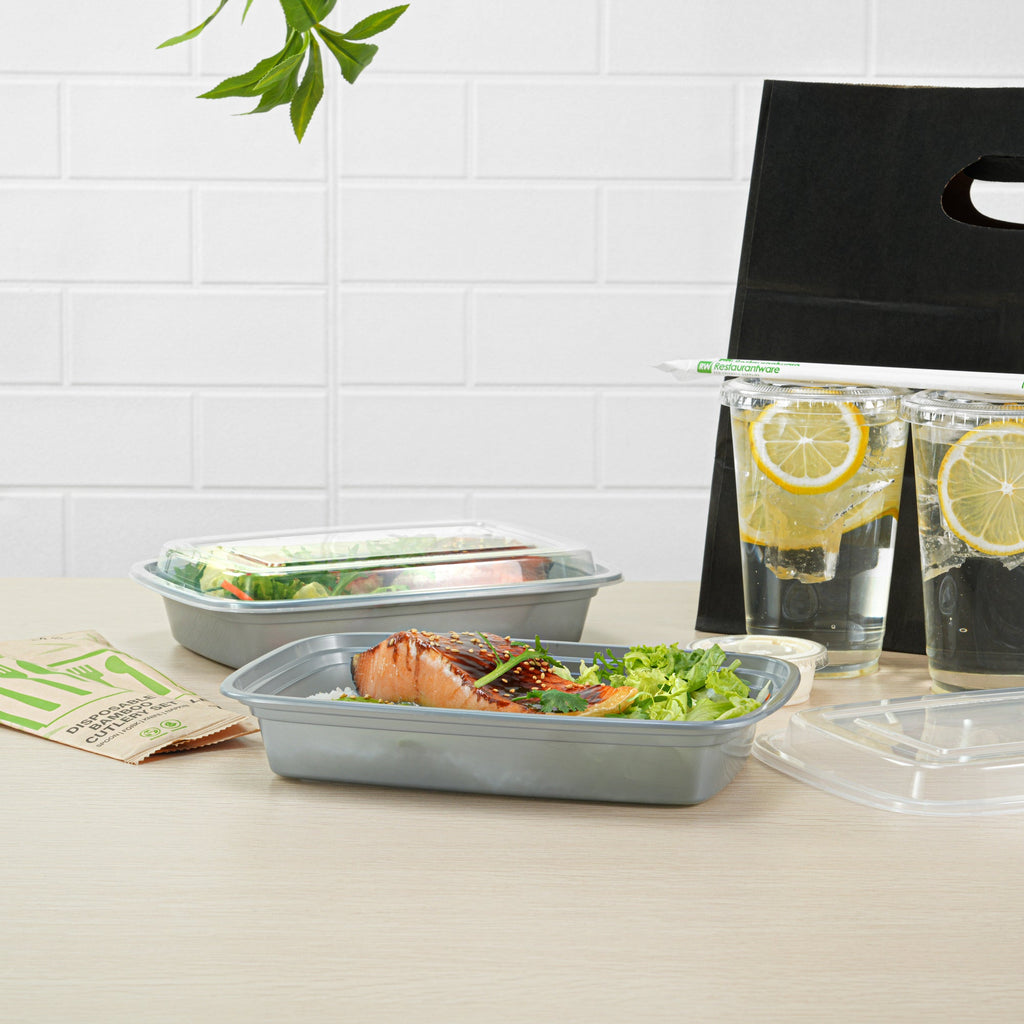 Asporto 28 oz Rectangle Silver Plastic To Go Box - with Clear Lid, Microwavable - 8 3/4" x 6" x 1 1/2" - 100 count box