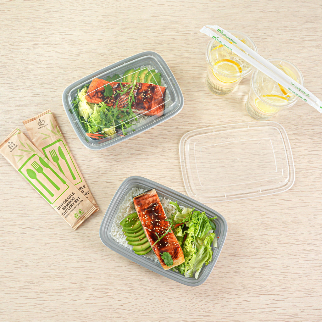Asporto 28 oz Rectangle Silver Plastic To Go Box - with Clear Lid, Microwavable - 8 3/4" x 6" x 1 1/2" - 100 count box