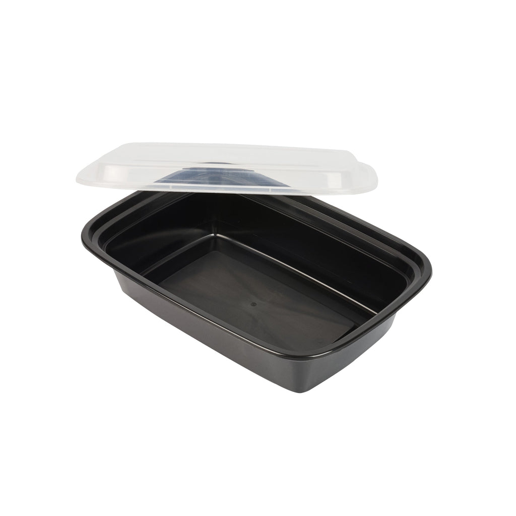 Asporto 38 oz Rectangle Black Plastic To Go Box - with Clear Lid, Microwavable - 8 3/4" x 6" x 2" - 50 count box