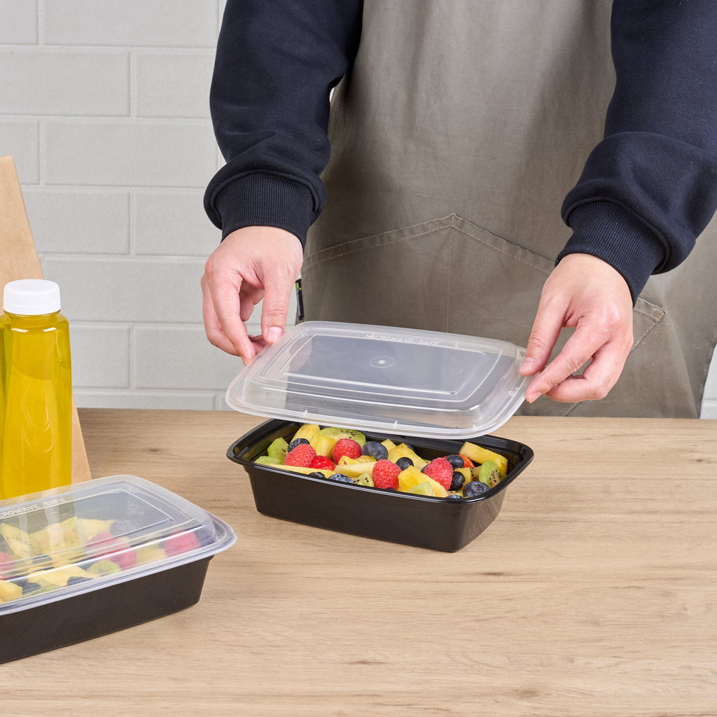 Asporto 38 oz Rectangle Black Plastic To Go Box - with Clear Lid, Microwavable - 8 3/4" x 6" x 2" - 50 count box