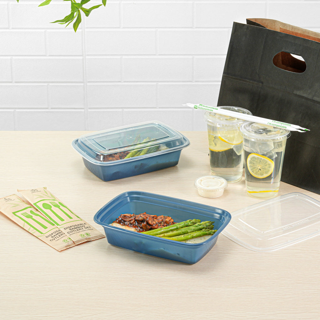 Asporto 38 oz Rectangle Midnight Blue Plastic To Go Box - with Clear Lid, Microwavable - 8 3/4" x 6" x 2" - 100 count box