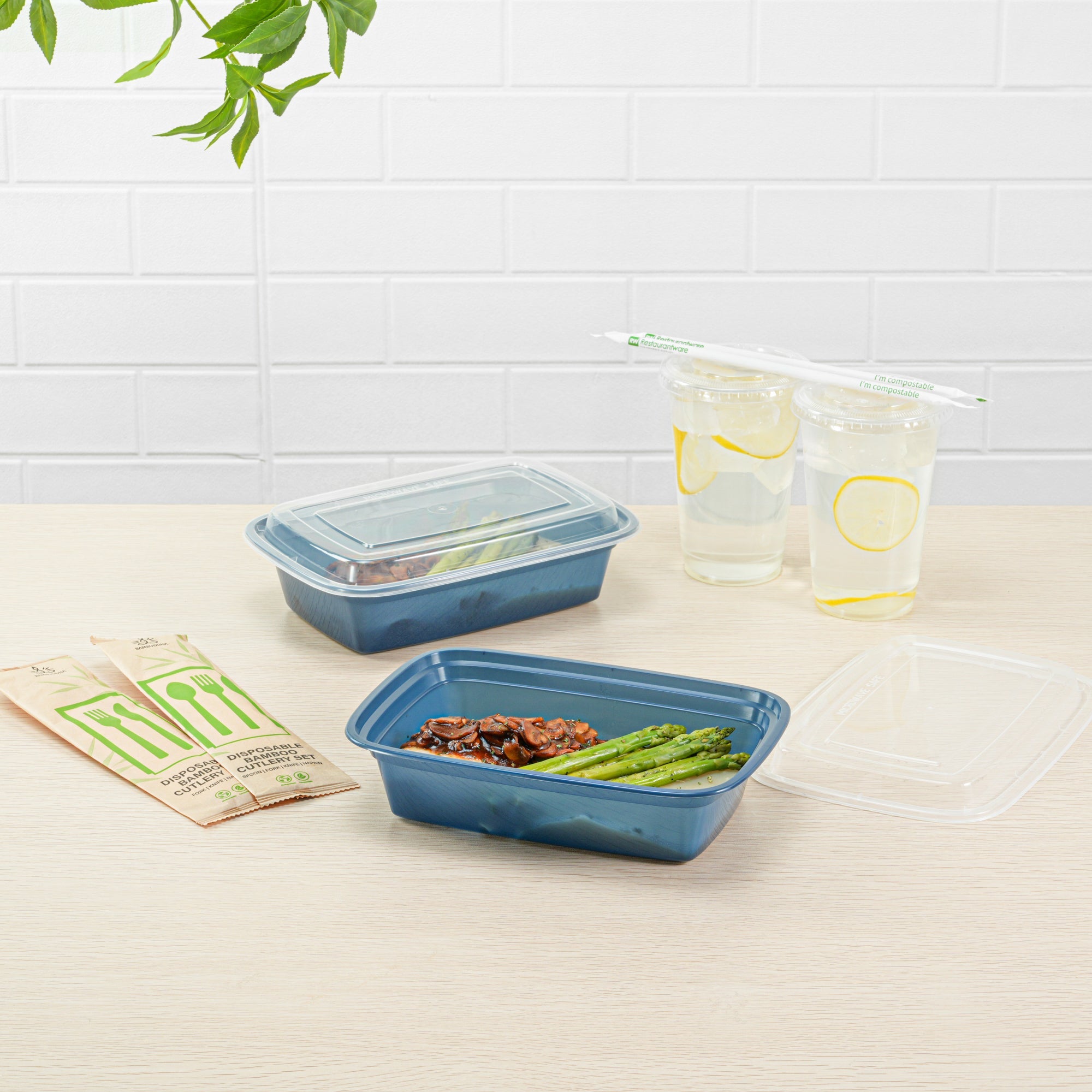 Asporto 38 oz Rectangle Midnight Blue Plastic To Go Box - with Clear Lid, Microwavable - 8 3/4" x 6" x 2" - 100 count box