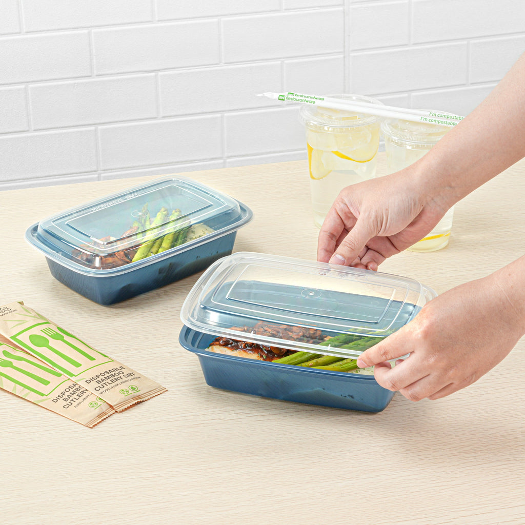 Asporto 38 oz Rectangle Midnight Blue Plastic To Go Box - with Clear Lid, Microwavable - 8 3/4" x 6" x 2" - 100 count box