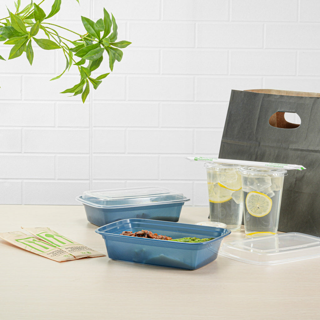 Asporto 38 oz Rectangle Midnight Blue Plastic To Go Box - with Clear Lid, Microwavable - 8 3/4" x 6" x 2" - 100 count box