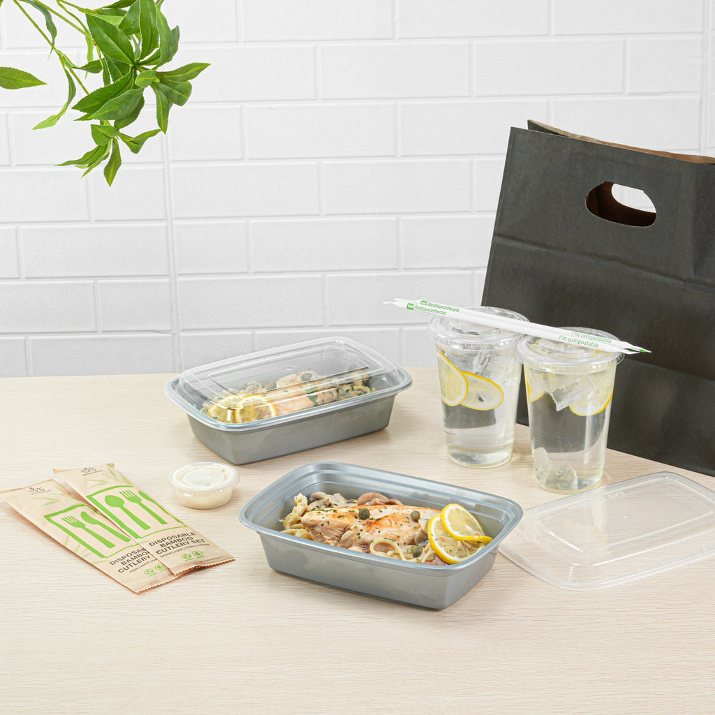Asporto 38 oz Rectangle Silver Plastic To Go Box - with Clear Lid, Microwavable - 8 3/4" x 6" x 2" - 100 count box