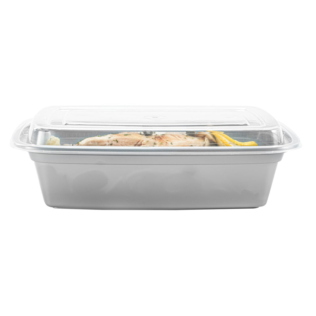 Asporto 38 oz Rectangle Silver Plastic To Go Box - with Clear Lid, Microwavable - 8 3/4" x 6" x 2" - 100 count box