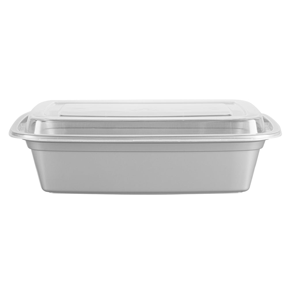 Asporto 38 oz Rectangle Silver Plastic To Go Box - with Clear Lid, Microwavable - 8 3/4" x 6" x 2" - 100 count box