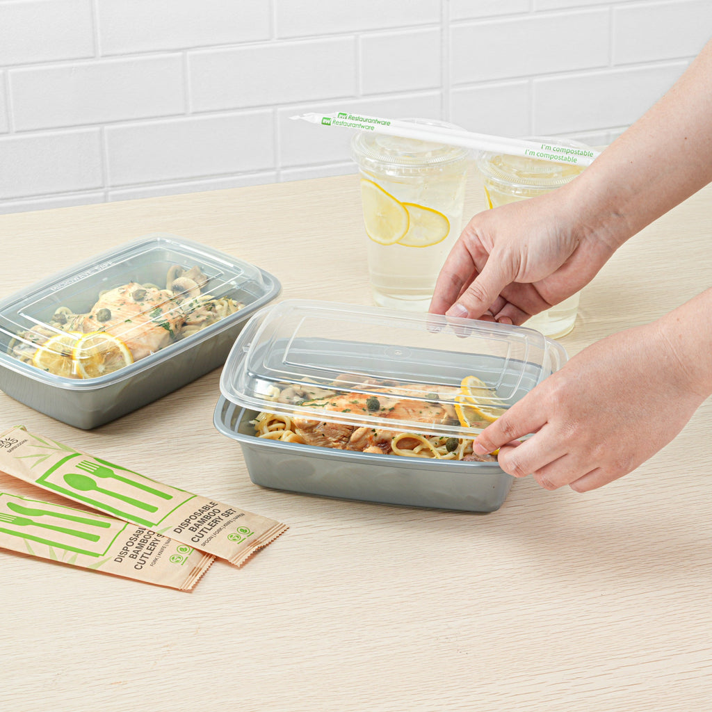 Asporto 38 oz Rectangle Silver Plastic To Go Box - with Clear Lid, Microwavable - 8 3/4" x 6" x 2" - 100 count box